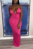 Pink Fashion Sexy Casual Solid Frenulum V Neck Straight Dresses