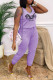 Light Purple Fashion Casual Letter Print Basic O Neck Regular Jumpsuits