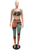 Multicolor Fashion Sexy Print Hollowed Out Patchwork Backless Spaghetti Strap Sleeveless Two Pieces