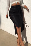 Black Fashion Casual Solid Slit Asymmetrical Skinny High Waist Skirts