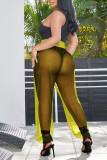 Yellow Sexy Solid Split Joint See-through Straight High Waist Pencil Solid Color Bottoms