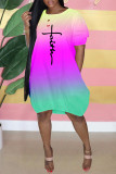 Cyan Fashion Casual Gradual Change Print Basic O Neck Short Sleeve Dress