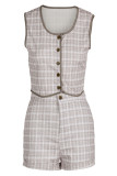 Pink Sexy Plaid Print Patchwork Buckle O Neck Sleeveless Two Pieces