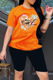 Blue Fashion Casual Print Basic O Neck Short Sleeve Two Pieces