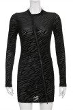 Black Fashion Sexy Patchwork See-through O Neck Long Sleeve Dresses
