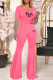 Pink Fashion Casual Letter Print Basic O Neck Short Sleeve Two Pieces