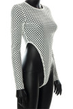 White Fashion Sexy Solid Hollowed Out See-through O Neck Skinny Bodysuits