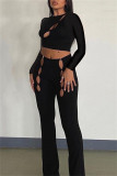 Black Fashion Sexy Solid Hollowed Out O Neck Long Sleeves Two Pieces
