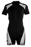 Black Casual Sportswear Solid Patchwork Zipper Zipper Collar Regular Rompers