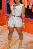 Pink Sexy Plaid Print Patchwork Buckle O Neck Sleeveless Two Pieces