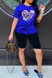 Blue Fashion Casual Print Basic O Neck Short Sleeve Two Pieces