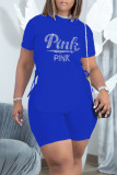 Blue Casual Solid Patchwork Frenulum Hot Drill O Neck Short Sleeve Two Pieces