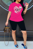 Blue Fashion Casual Print Basic O Neck Short Sleeve Two Pieces