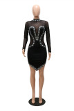 White Fashion Sexy Patchwork Hot Drilling See-through Asymmetrical Turtleneck Long Sleeve Dresses