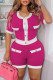Rose Red Casual Solid Patchwork Buckle O Neck Short Sleeve Two Pieces