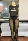 Black Fashion Sexy Print See-through O Neck Sleeveless Two Pieces