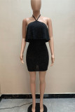Black Sexy Solid Patchwork Backless Halter Pencil Skirt Dresses