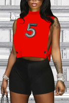 Red Sexy Split Joint Asymmetrical Half A Turtleneck Sleeveless Two Pieces