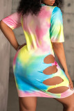 Multicolor Casual Print Hollowed Out Split Joint O Neck Straight Dresses