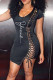 Black White Sexy Print Bandage Hollowed Out Patchwork U Neck One Step Skirt Dresses