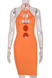 Orange Sexy Solid Bandage Hollowed Out Backless Halter Sleeveless Dress Dresses