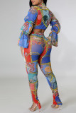 Multi-color Fashion Casual Print Hollowed Out V Neck Long Sleeve Two Pieces