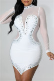 White Fashion Sexy Patchwork Hot Drilling See-through Asymmetrical Turtleneck Long Sleeve Dresses
