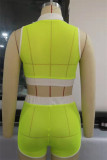 Fluorescent Green Fashion Sportswear Solid Hollowed Out Patchwork See-through Turndown Collar Sleeveless Two Pieces