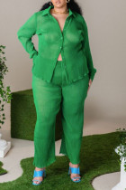 Green Casual Solid Patchwork Buckle Turndown Collar Plus Size Two Pieces