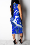 Blue Fashion Casual Print With Belt Zipper Collar Sleeveless Dress