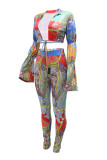 Multi-color Fashion Casual Print Hollowed Out V Neck Long Sleeve Two Pieces