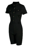 Black Casual Solid Patchwork Buckle Turndown Collar Regular Rompers