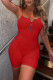 Red Sexy Solid Patchwork Zipper Spaghetti Strap Regular Rompers