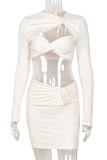 Light Apricot Fashion Sexy Solid Hollowed Out Patchwork Asymmetrical Long Sleeve Two Pieces