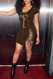 Red Sexy Print Bandage Hollowed Out Patchwork U Neck One Step Skirt Dresses