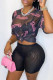 Black Fashion Casual Letter Print See-through O Neck Short Sleeve Two Pieces