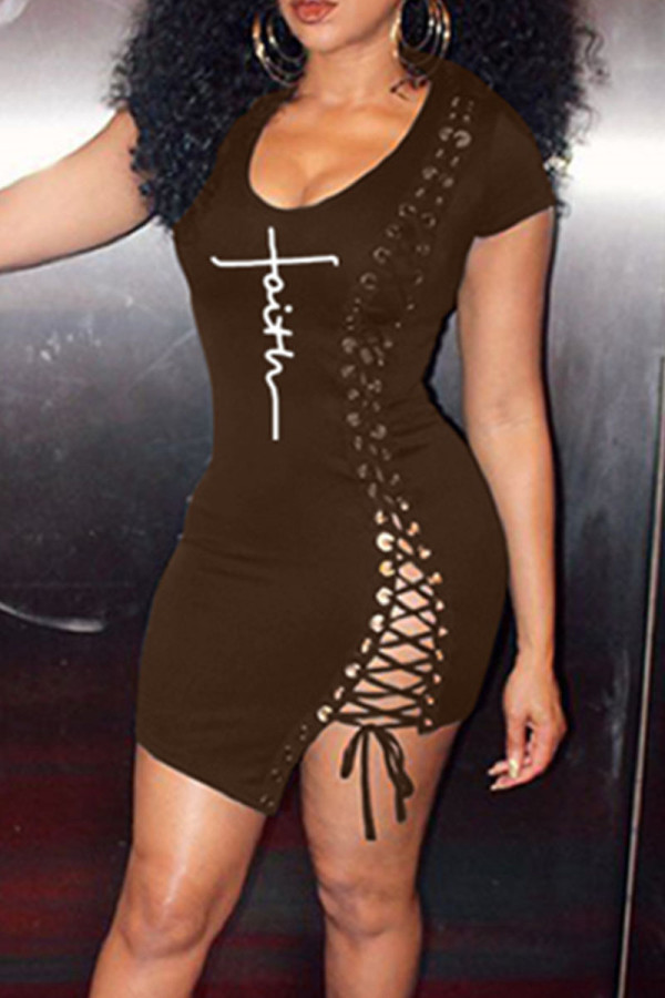 Brown Sexy Print Bandage Hollowed Out Patchwork U Neck One Step Skirt Dresses