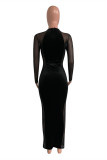 Black Fashion Sexy Solid Patchwork See-through O Neck Long Sleeve Dresses
