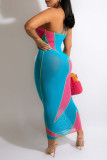 Light Blue Sexy Print Patchwork Halter One Step Skirt Dresses