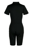 Black Casual Solid Patchwork Buckle Turndown Collar Regular Rompers