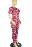Red Casual Print Patchwork O Neck Short Sleeve Two Pieces
