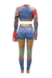 Multi-color Fashion Casual Print Hollowed Out V Neck Long Sleeve Two Pieces