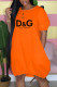 Orange Fashion Casual Print Letter O Neck Lantern Skirt Dresses