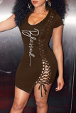 Red Sexy Print Bandage Hollowed Out Patchwork U Neck One Step Skirt Dresses