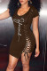 White Brown Sexy Print Bandage Hollowed Out Patchwork U Neck One Step Skirt Dresses