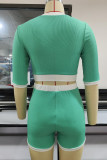 Rose Red Casual Solid Patchwork Buckle O Neck Short Sleeve Two Pieces