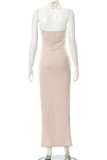Apricot Fashion Sexy Solid Hollowed Out Backless Slit Halter Sleeveless Dress