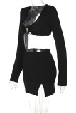 Apricot Fashion Sexy Solid Patchwork Backless V Neck Long Sleeve Two Pieces