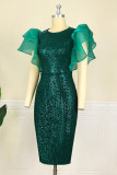 Green Fashion Solid Sequins Patchwork Slit O Neck Evening Dress