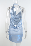 Blue Sexy Solid Sequins Backless Halter Pencil Skirt Dresses